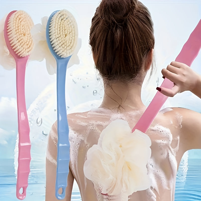 Two-In-One Dual Head Bath Brush with Soft Sponge for Back Scrubbing: No Battery Required, Oil-Free