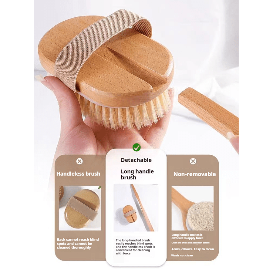 1pc Natural Pig Bristle Long Handle Back Bath Brush, Detachable Handle and Elastic Band Design, Can Be Used Wet or Dry, Gentle Body Cleansing and Exfoliation, No Power Required | Body Brush | Long Handle Shower Brush | Shower Supplies