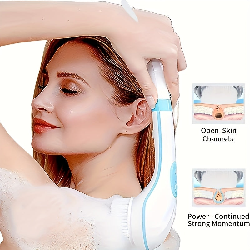 1pc Fully Automatic Electric Shower Brush With Five Brush Heads, Handheld Massage Body Brush, Lazy Back Scrubber Back With Long Handle, Formaldehyde-Free Spa Exfoliating Scrub For Back And Full Body Cleansing
