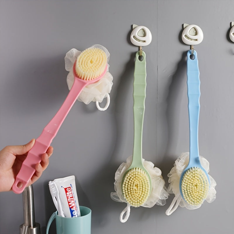 Two-In-One Dual Head Bath Brush with Soft Sponge for Back Scrubbing: No Battery Required, Oil-Free
