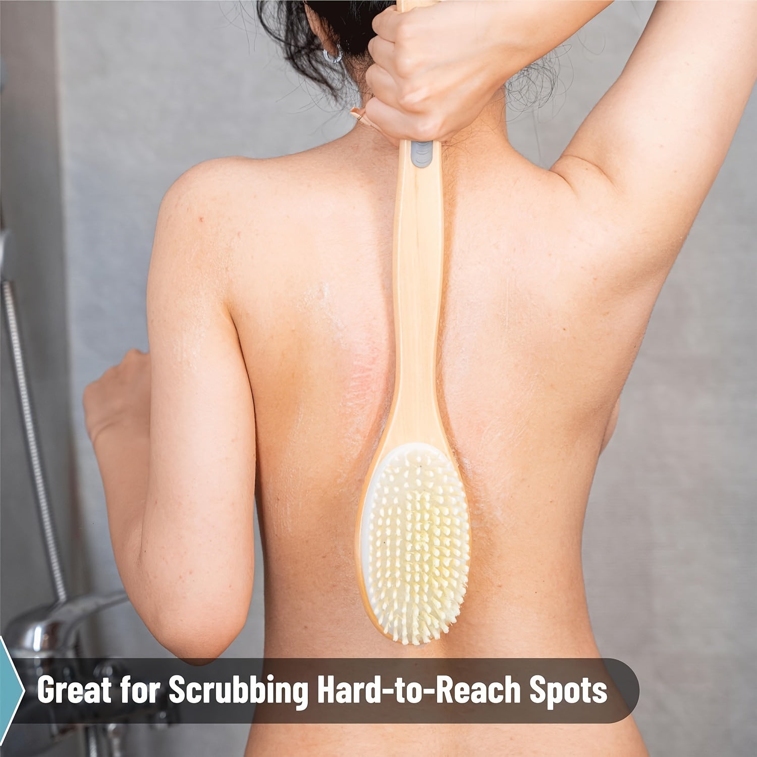 Dual-Sided Shower Brush with Long Handle - Bristle Body Scrubber, Exfoliating Back Brush, Skin Softening And Deep Clean, Non-Absorbent for Lotion Application, No Power Needed