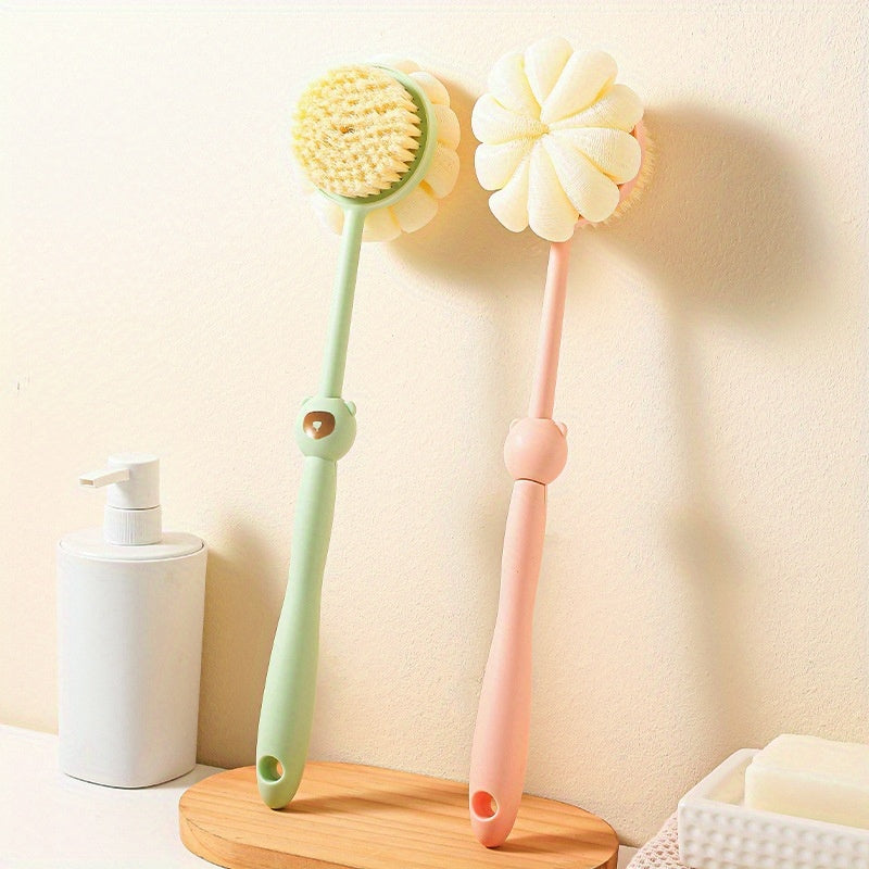2-in-1 Long Handle Shower Brush & Luffa Sponge with Bear-Styled Grip - Soft Dense Bristles, Anti-Slip & Hanging Design for Gentle Exfoliating Back Scrub, Ergonomic Bath & Shower Tool, Shower Accessories, Bathing Accessory, Playful Bathroom Decor, Body