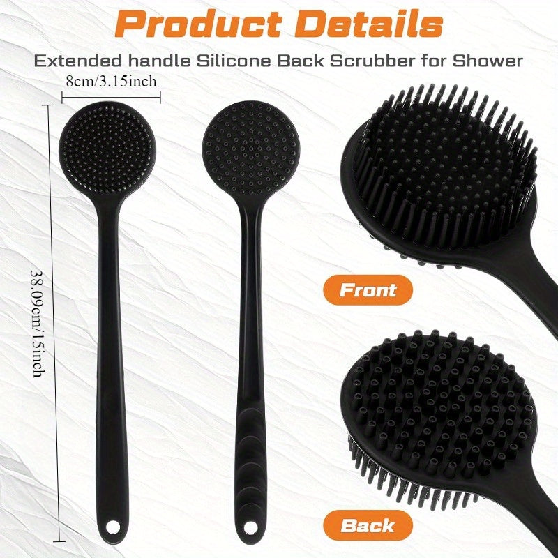 Set of 2 Soft Silicone Body Brushes for The Bath, Featuring a Non-Slip Design for Use in The Shower. These Scrubbers Come with a Long Handle And Promote Better Skin Health While Generating Foam, Suitable for Both Men And Women.