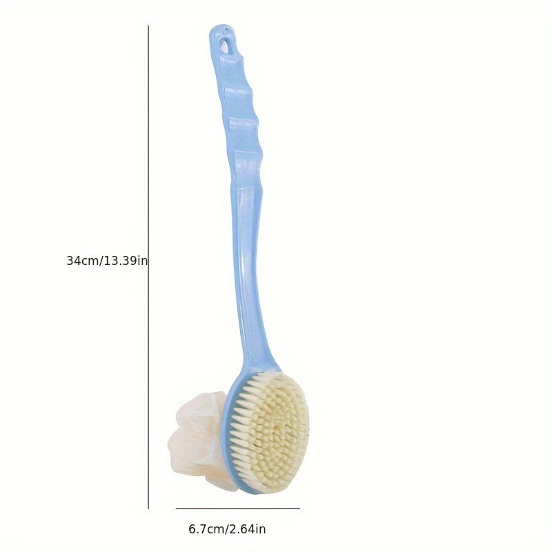 Long Handle Soft Hair Two-in-One Bath Brush: Exfoliating Body Massage Sponge with Extended Comfort Grip - Blue, Pink, Green (34cm/13.39in)