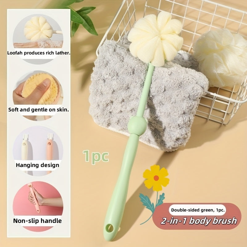 2-in-1 Long Handle Shower Brush & Luffa Sponge with Bear-Styled Grip - Soft Dense Bristles, Anti-Slip & Hanging Design for Gentle Exfoliating Back Scrub, Ergonomic Bath & Shower Tool, Shower Accessories, Bathing Accessory, Playful Bathroom Decor, Body