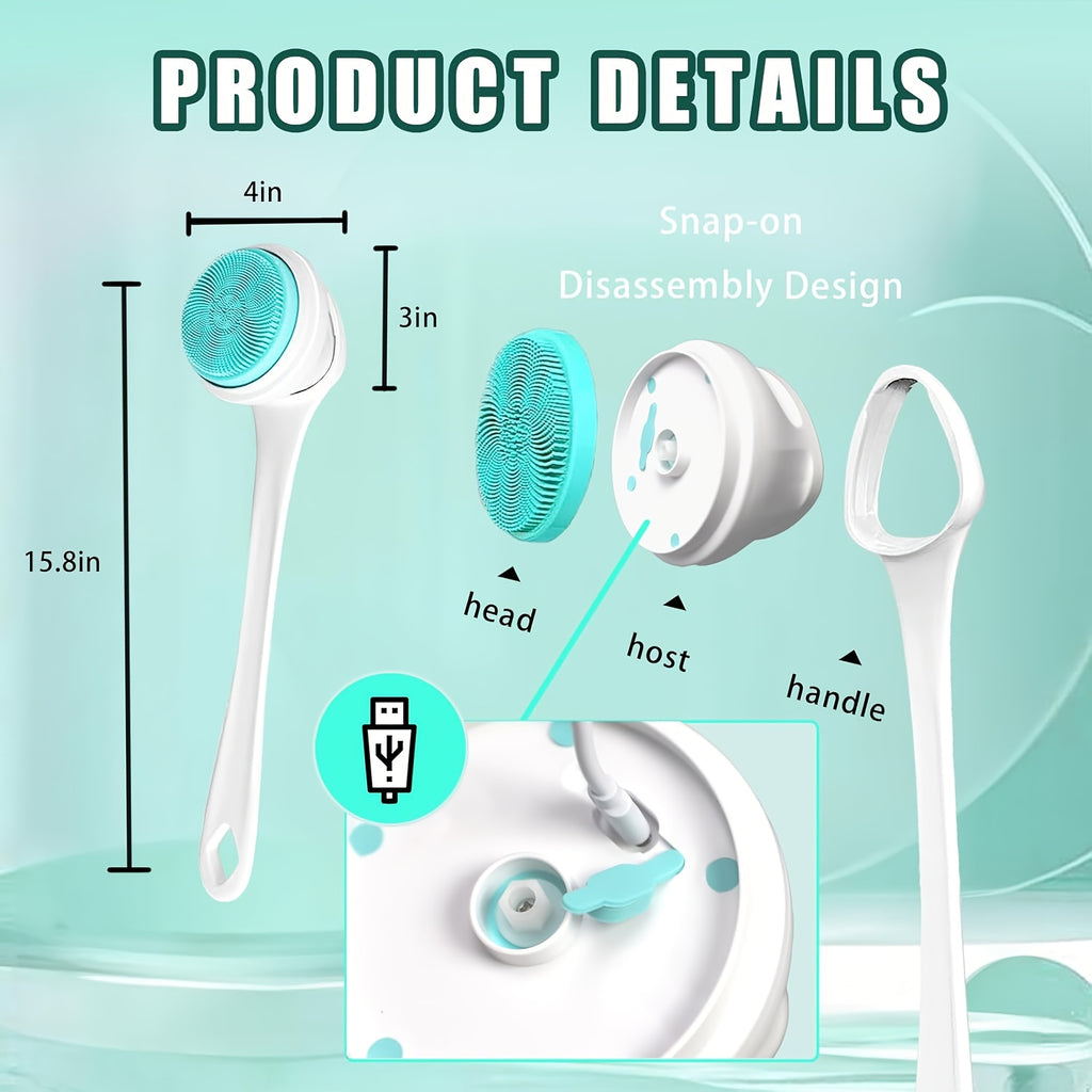 5-in-1 Electric Body, Back, Face & Shower Brush - USB-Powered Electric Shower Head with Long Handle, Interchangeable Heads - Soft Silicone Exfoliating Brush & Rotating Scrubber - for Full Body, Back, Face, Feet - Spa & Home Use - Ideal Self-Care Gift,