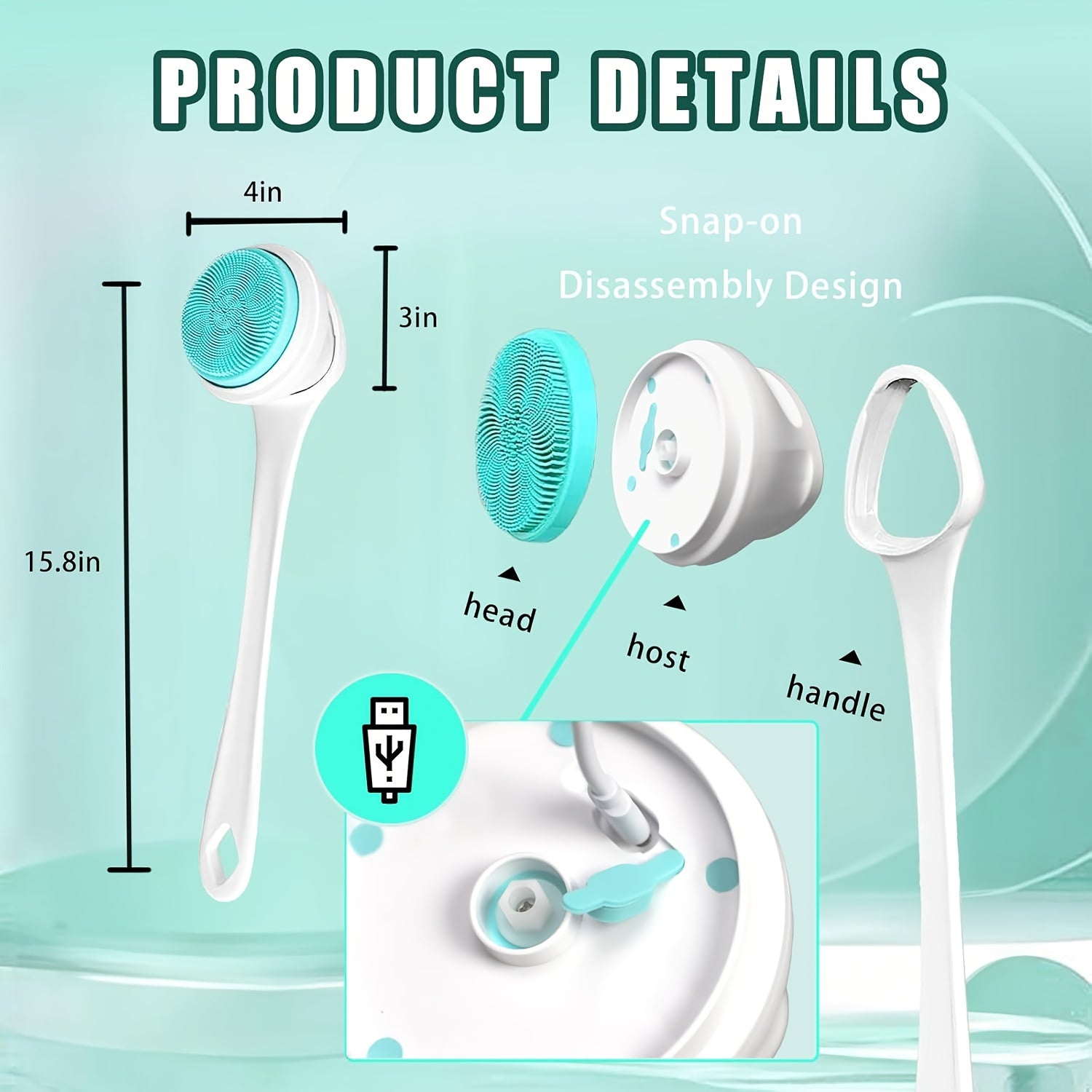 5-in-1 Electric Body, Back, Face & Shower Brush - USB-Powered Electric Shower Head with Long Handle, Interchangeable Heads - Soft Silicone Exfoliating Brush & Rotating Scrubber - for Full Body, Back, Face, Feet - Spa & Home Use - Ideal Self-Care Gift,