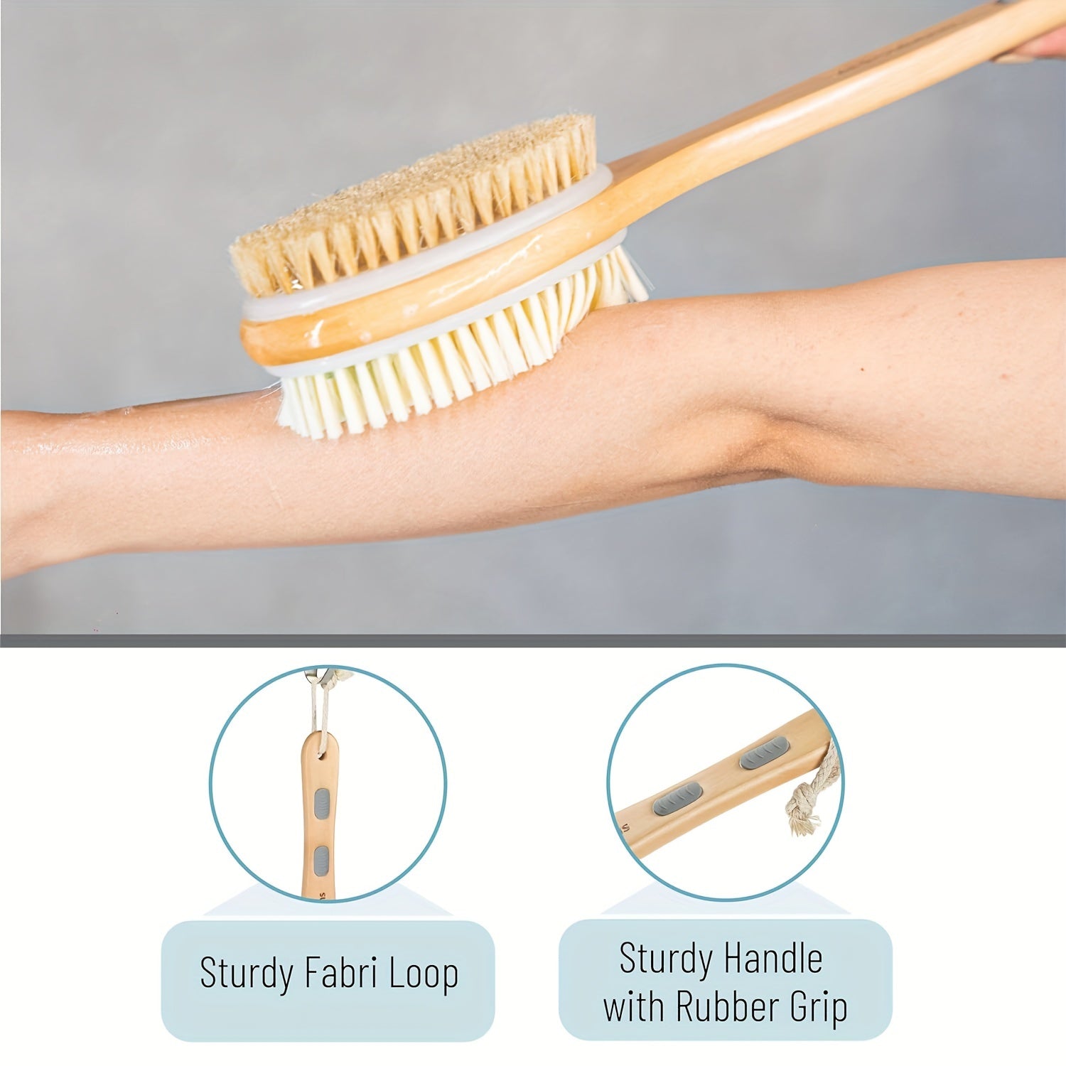 Dual-Sided Bath Brush with a Long Handle - Brown Bristle Body Scrubber, Removes Dead Skin, Softens Skin, Deep Cleanses, Non-Absorbent, Suitable for Lotion Application, No Power Required, Usable in All Four Seasons.