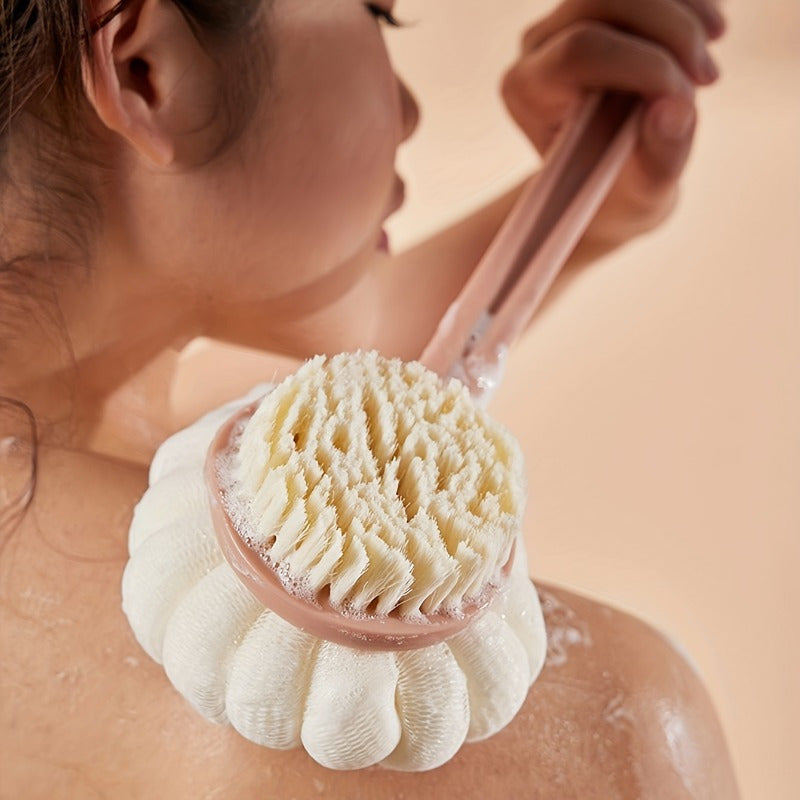 Long-Handled Double-Sided Bath Brush- Non-Electric Exfoliating Massage Back Scrubber and Loofah Sponge- Suitable for Men and Women Light Beige Cleaning and Exfoliating Tool- Essential Bathroom Supplies and Accessories (Suitable for four seasons)