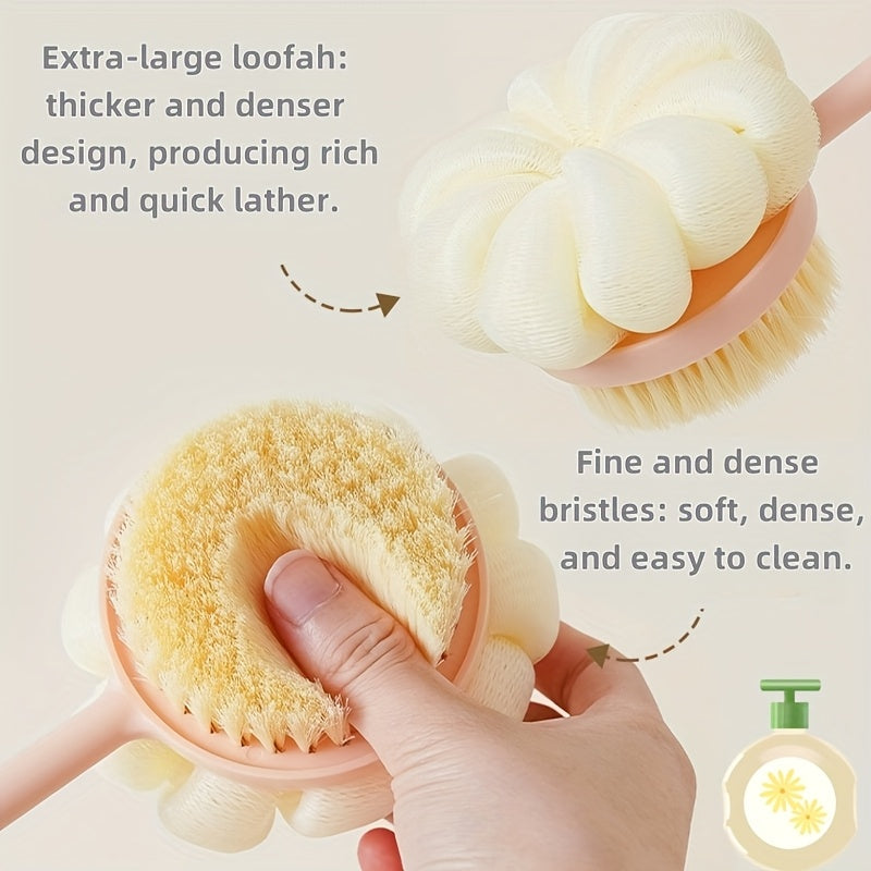 2-in-1 Long Handle Shower Brush & Luffa Sponge with Bear-Styled Grip - Soft Dense Bristles, Anti-Slip & Hanging Design for Gentle Exfoliating Back Scrub, Ergonomic Bath & Shower Tool, Shower Accessories, Bathing Accessory, Playful Bathroom Decor, Body