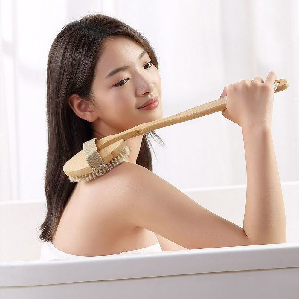 1pc Natural Pig Bristle Long Handle Back Bath Brush, Detachable Handle and Elastic Band Design, Can Be Used Wet or Dry, Gentle Body Cleansing and Exfoliation, No Power Required | Body Brush | Long Handle Shower Brush | Shower Supplies