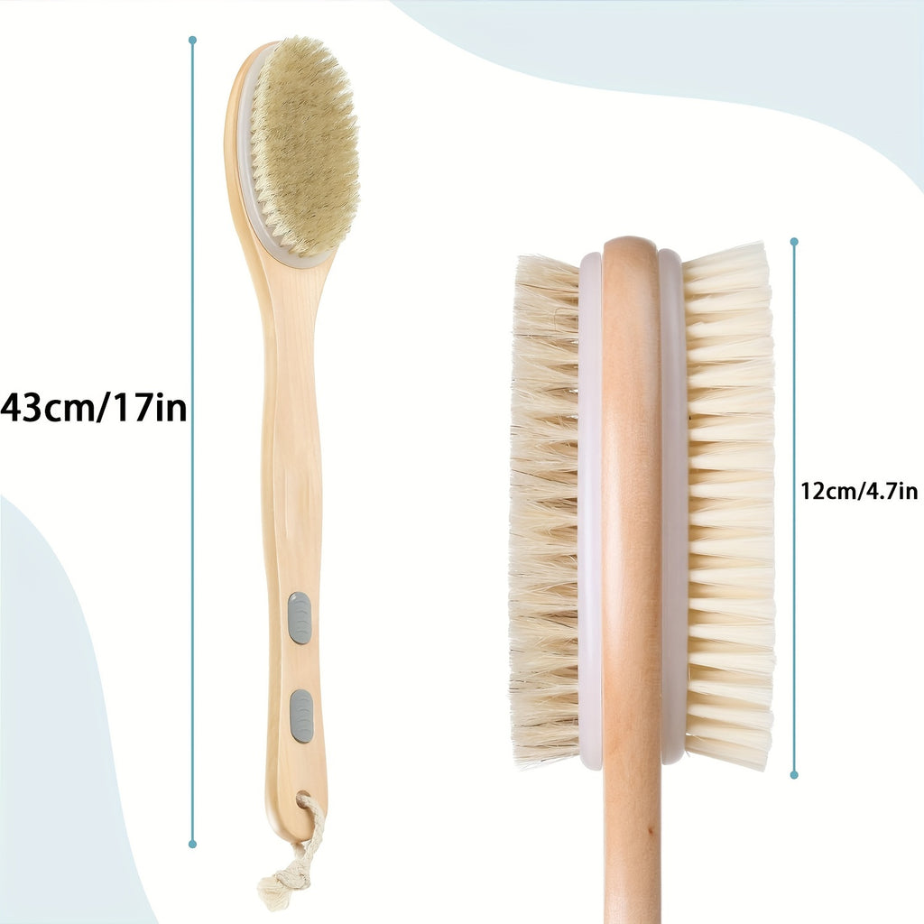 Dual-Sided Shower Brush with Long Handle - Bristle Body Scrubber, Exfoliating Back Brush, Skin Softening And Deep Clean, Non-Absorbent for Lotion Application, No Power Needed