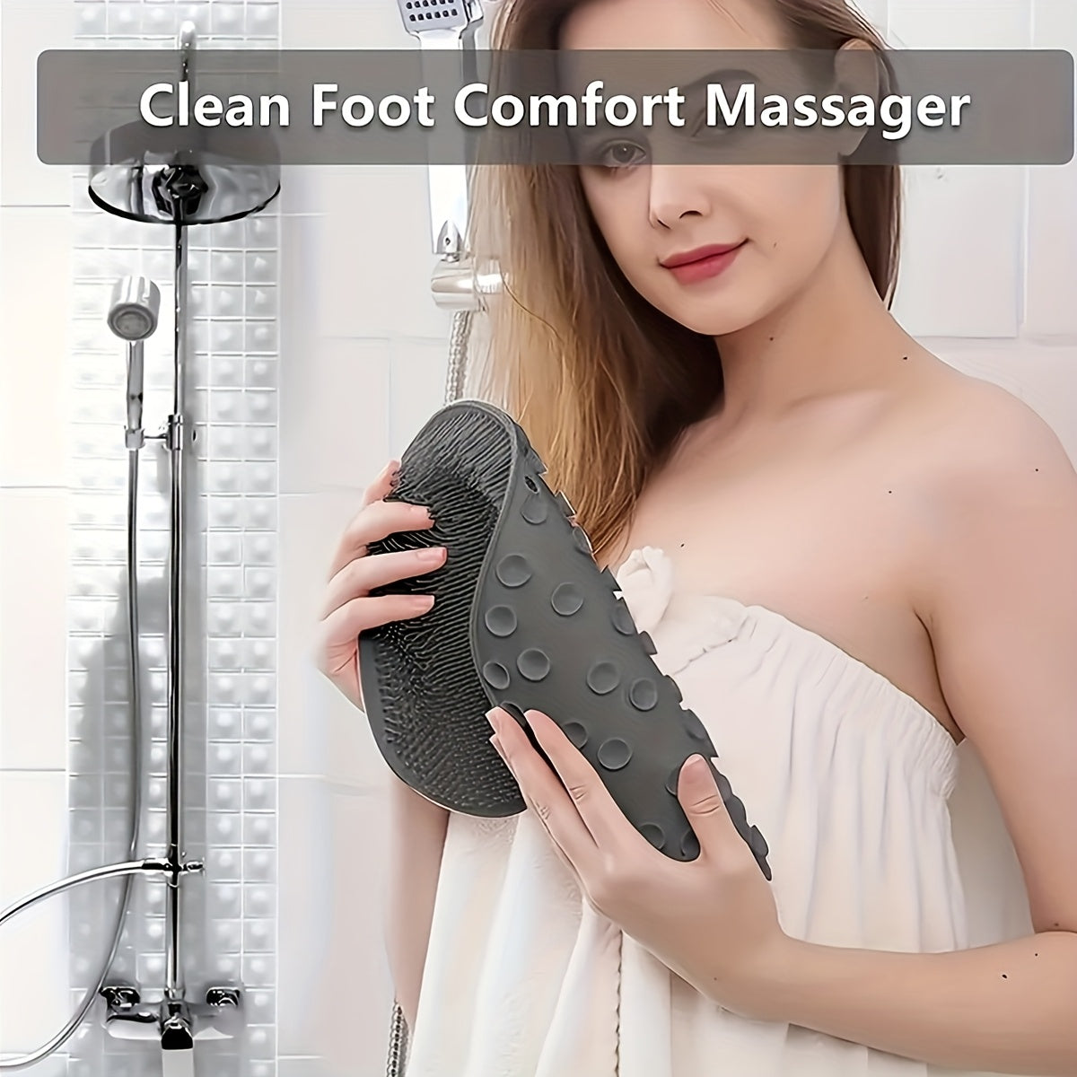 1pc Shower Cleaning Brush with Suction Cup Mount - Heavy-Duty Bath & Body Scrubber, Back Exfoliator, Shower Head Attachment for Whole Body - Non-Slip Base, Easy to Clean, Black/Gray/White - Ideal for Adults & Family Bathrooms - Unscented, Durable with