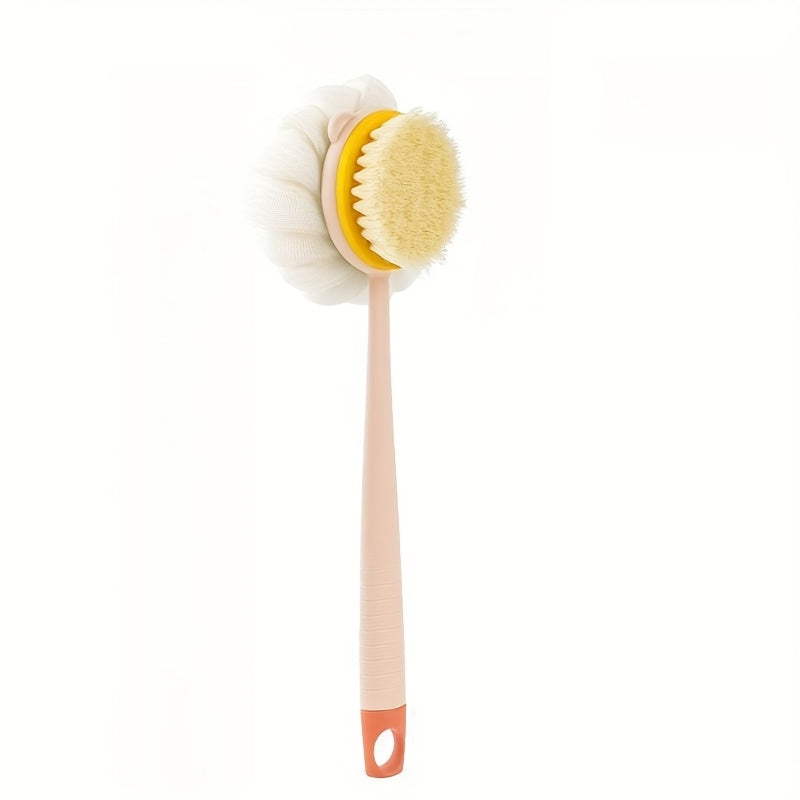 1pc Long-Handled Shower Body Brush with Bristles & Loofah – Curved Back Scrubber for Exfoliation, Massage, and Light Beige Care – 2-in-1 Bath Tool for Men & Women, Pink & Yellow Design, Exfoliating Scrubber, Longhandle Design, Durable Scrubber, Soft Mesh