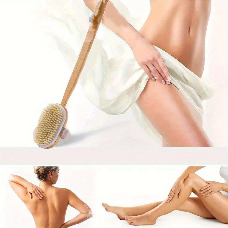 1pc Natural Pig Bristle Long Handle Back Bath Brush, Detachable Handle and Elastic Band Design, Can Be Used Wet or Dry, Gentle Body Cleansing and Exfoliation, No Power Required | Body Brush | Long Handle Shower Brush | Shower Supplies