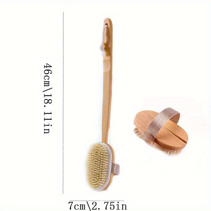 1pc Natural Pig Bristle Long Handle Back Bath Brush, Detachable Handle and Elastic Band Design, Can Be Used Wet or Dry, Gentle Body Cleansing and Exfoliation, No Power Required | Body Brush | Long Handle Shower Brush | Shower Supplies