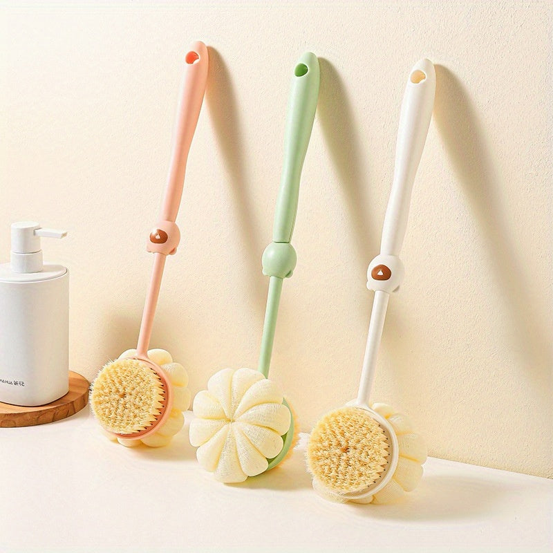 2-in-1 Long Handle Shower Brush & Luffa Sponge with Bear-Styled Grip - Soft Dense Bristles, Anti-Slip & Hanging Design for Gentle Exfoliating Back Scrub, Ergonomic Bath & Shower Tool, Shower Accessories, Bathing Accessory, Playful Bathroom Decor, Body