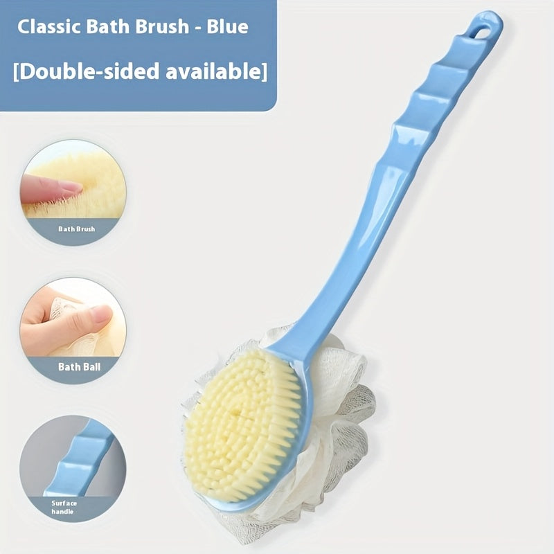 2-in-1 Soft Fiber Long Handle Bath Brush - Gentle Exfoliating Body Scrubber, Dual-Purpose Back Scrubber and Sponge Tool, Japanese Design