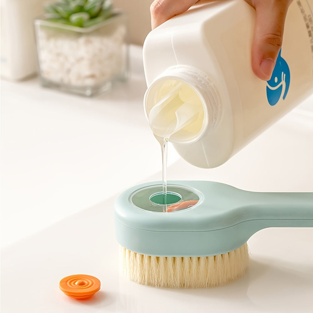 Ergonomic Long Handle Shower Brush with Liquid Dispenser, Soft Bristle Back Scrubber, Non-Electric, Unscented, Summer Bathing Essentials