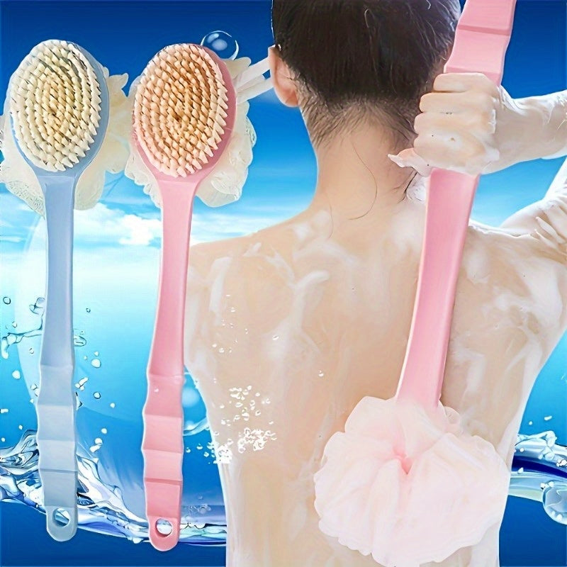1pc 2-in-1 Dual Head Back Scrubber & Shower Brush with Soft Towel - Long Handle Plastic Bath Brush for Exfoliating Back, Arms, Legs - Blue & Pink Bristles, Ergonomic Grip, No Battery Needed, Oil-Free Bathroom Essentials, Body Cleaning Accessory,