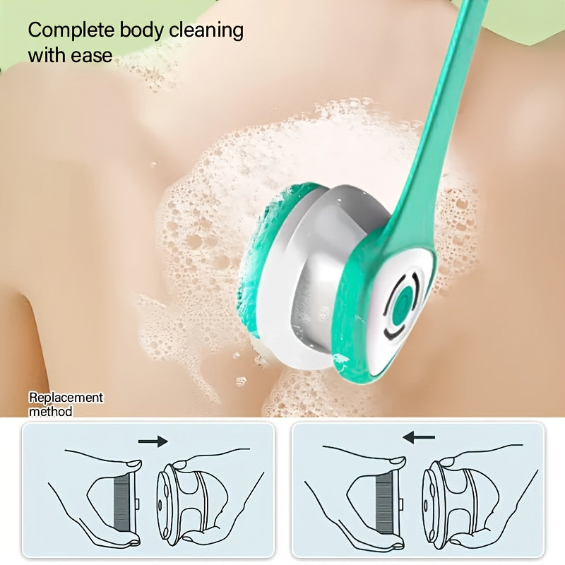 5-in-1 Electric Body, Back, Face & Shower Brush - USB-Powered Electric Shower Head with Long Handle, Interchangeable Heads - Soft Silicone Exfoliating Brush & Rotating Scrubber - for Full Body, Back, Face, Feet - Spa & Home Use - Ideal Self-Care Gift,