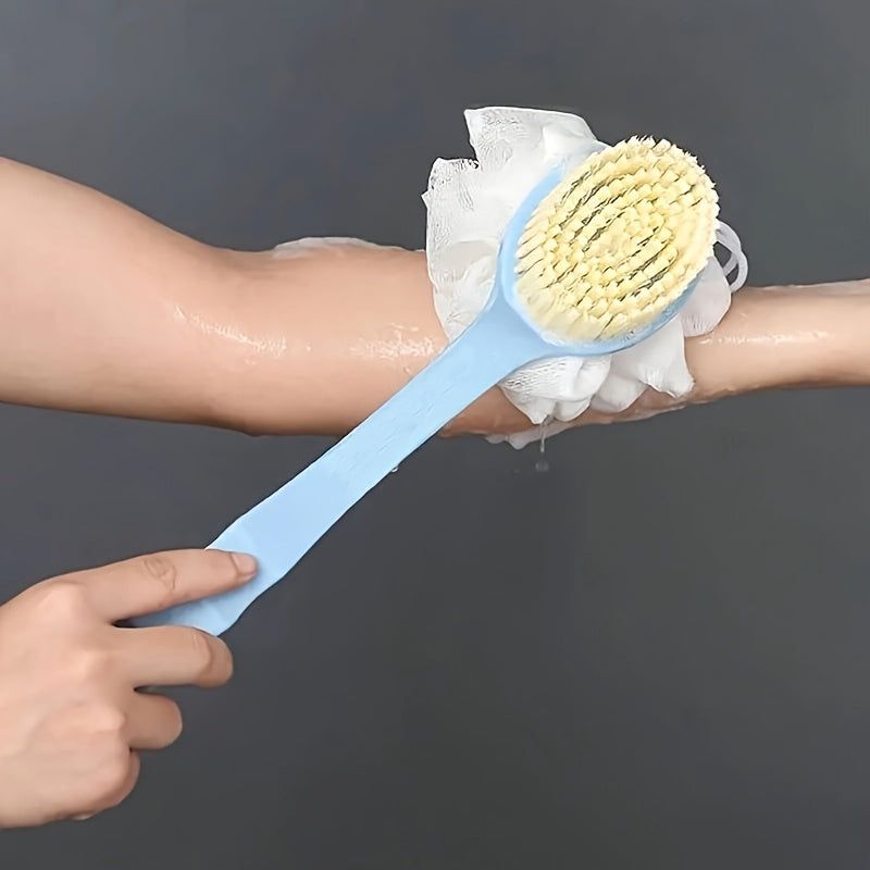 2-in-1 Soft Fiber Long Handle Bath Brush - Gentle Exfoliating Body Scrubber, Dual-Purpose Back Scrubber and Sponge Tool, Japanese Design